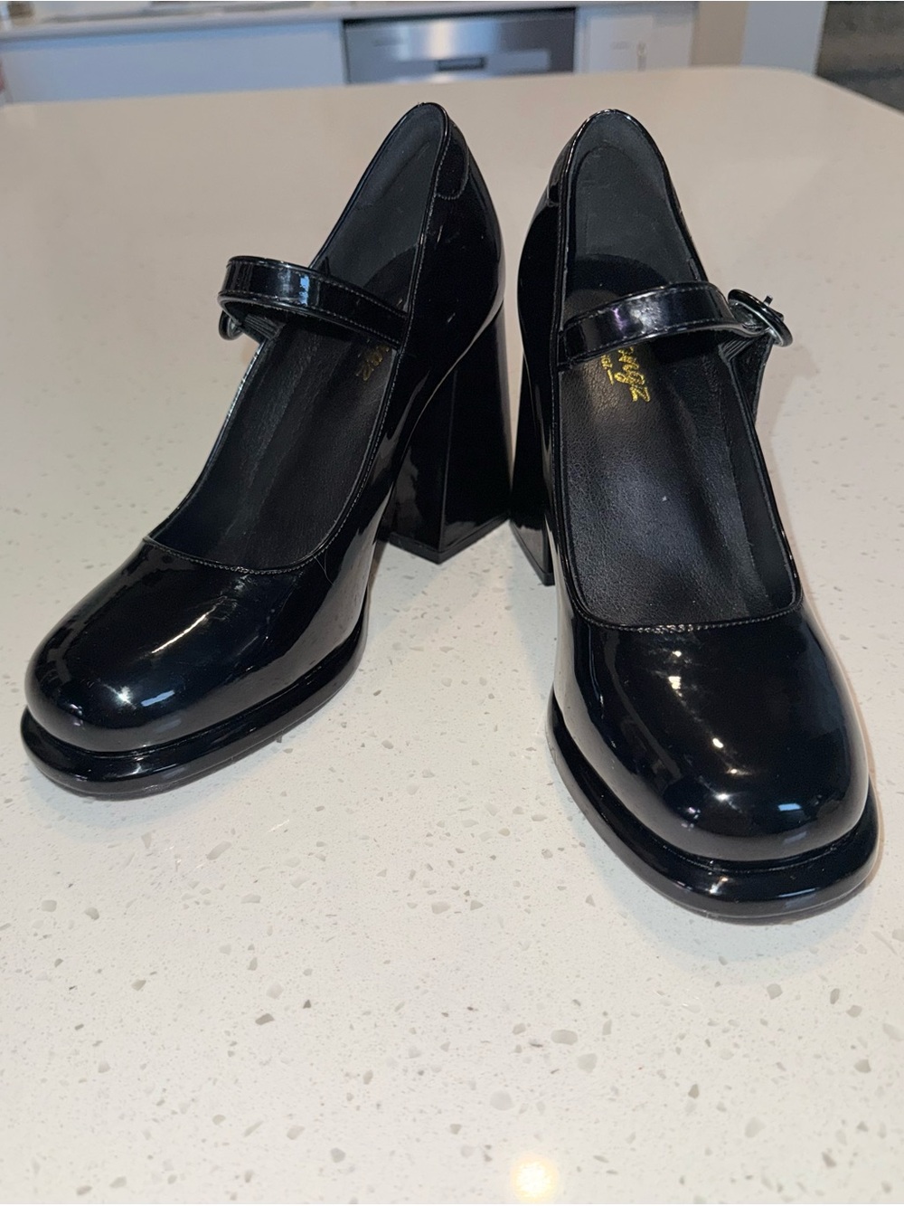 Patent Mary Jane Block Heel Pumps in Black